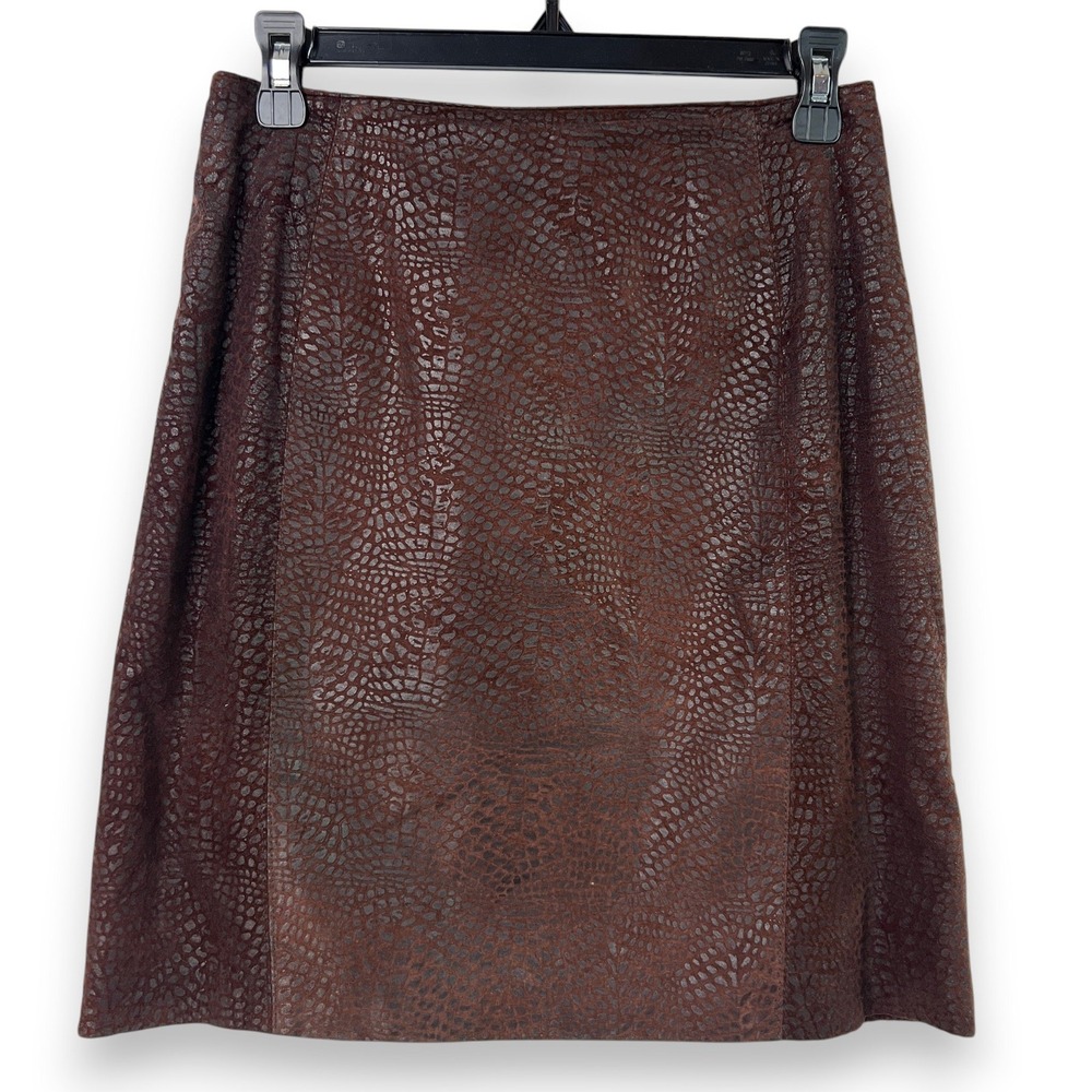 LNR Vintage Animal Print Leather Skirt Womens 6 Brown Mini A Line Minimalist Lux